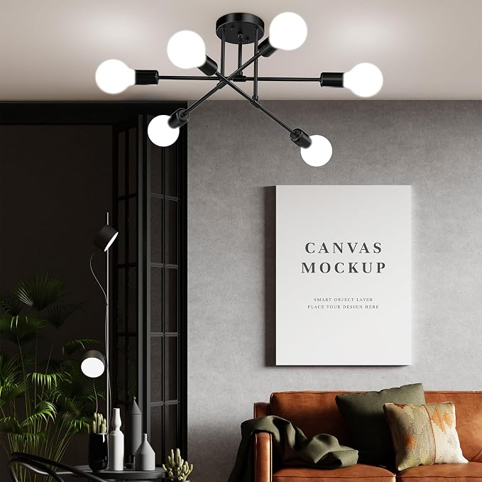 Modern Sputnik Chandelier Ceiling Light Fixtures, 6-Lights 22” Mid Century Industrial Metal Semi Flush Mount for Dining Room, Bedroom, Living Room, 6 Globe Bulbs