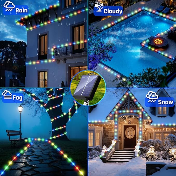 New Upgraded Solar Rope Lights Outdoor Waterproof 105ft 300 LED Solar String Lights with Remote Timer Dimmable 19 Modes Christmas Lights for Pool Yard Outside Patio Xmas Tree Decor (300LED-Multicolor)
