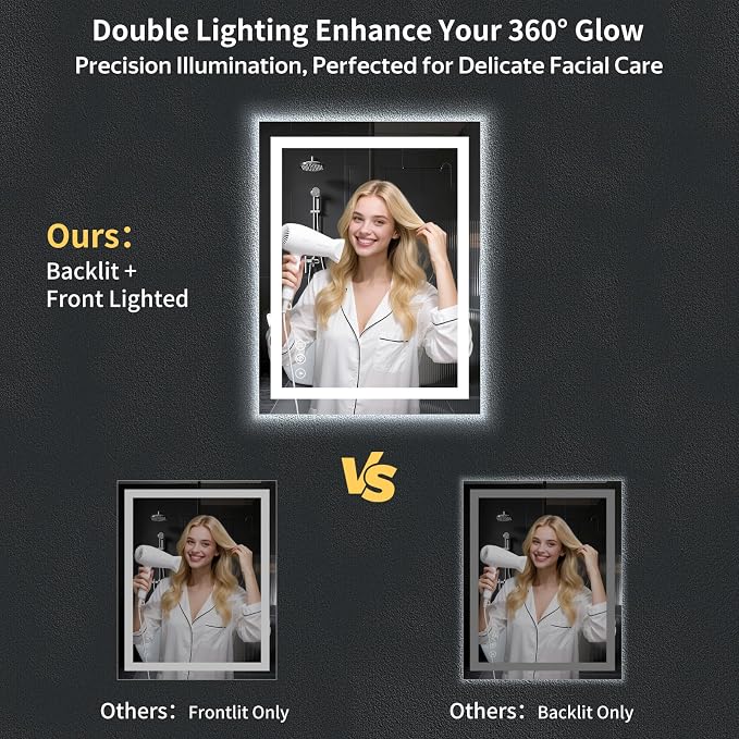 24"x32" LED Bathroom Mirror with Lights, Backlit+Frontlit, Anti-Fog | CRI 95, Stepless Dimmable, 3 Colors Lighting, Shatterproof Tempered Glass, HD Reflection, Memory, (Horizontal/Vertical)