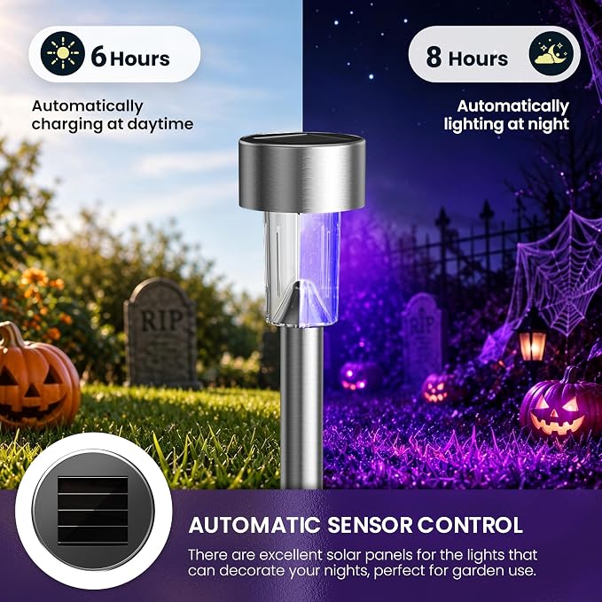GIGALUMI 16 Pack Purple Solar Halloween Lights,Outdoor Halloween Decoration | Halloween Solar Lights Outdoor Waterproof, Halloween Decor for Yard,Garden,Pathway,Patio,Walkway,Party,Stainless Steel LED