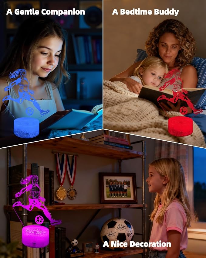Women Soccer Player 3D Illusion Night Light for Girls Gift | 16 Colors Changing, Dimmable, Touch & Remote Control, Birthday Christmas Lamp For Kid Teen Sports Fan, Bedroom Room Décor