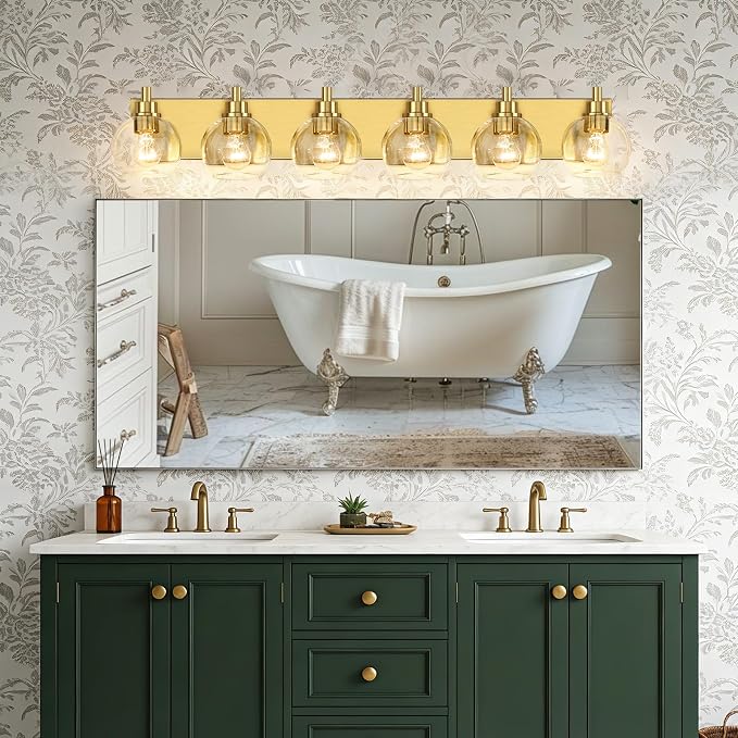 IZORRO Bathroom Light Fixtures, 6-Light Brushed Gold Vanity Light, Modern Wall Sconces with Globe Clear Glass Shade, Vanity Lighting Fixtures Over Mirror,E26 Bulb Socket