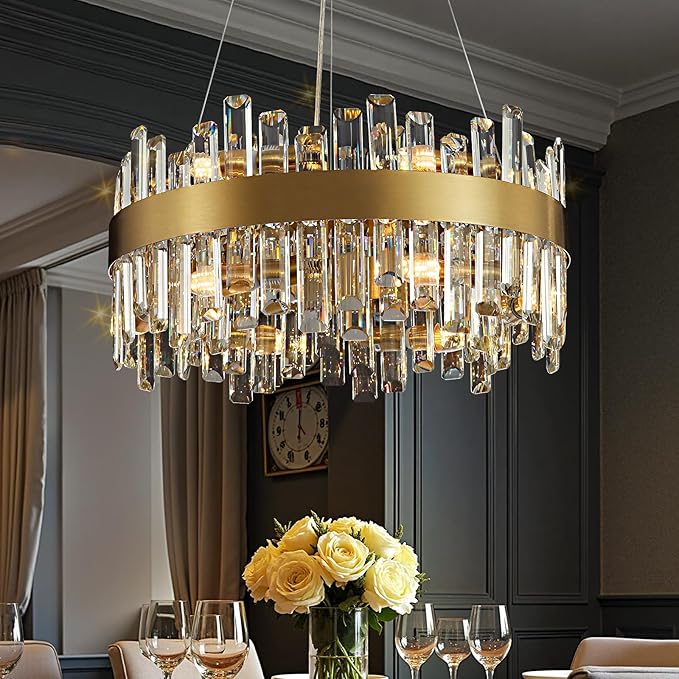 12-Light Modern Crystal Chandelier, 19.7'' Gold Chandelier Light Fixture, Brushed Gold 2-Tiers Raindrop K9 Crystal Ceiling Light Adjustable Round Chandeliers for Dining Room Bedroom Bathroom Entryway