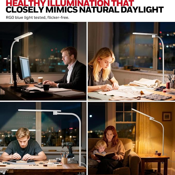 Honeywell HJ2 Gooseneck LED Desk Lamp with Clamp, CRI≥97 Full Spectrum Eye-Caring Light, 16" Flexible Metal Arm, 3-Color Dimming with Magnetic Remote for Home Office, Artists, Reading(White)
