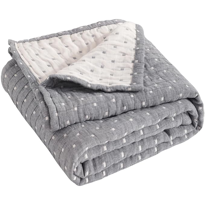 NTBAY 3 Layer Muslin Toddler Blanket, 30 x 40, Grey Dot | Breathable Muslin Cotton Outer Layers with Light Thermal Fill, Reversible for Stroller, Daycare, Travel, and Supervised Use