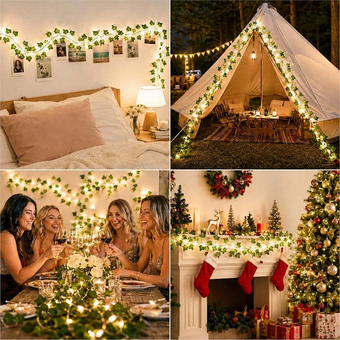 Ivy Vine Fairy Lights 2500mAh Rechargeable Battery, Warm White | 33FT 100LED with Remote Control, Timer & 8 Modes, Waterproof for Bedroom Dorm Wedding Party Christmas Indoor Outdoor Decor