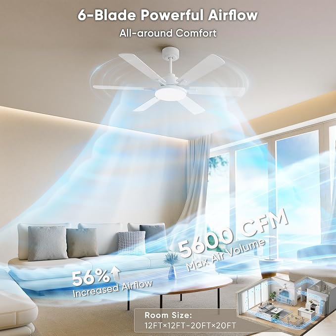 52'' Downrod Mount Ceiling Fans with Lights for Living Room, White | 6 Blades, 6 Speeds, MAX 5600 CFM, Remote&APP Control, 3CCT Dimmable LED, All Metal Body, Memory Function, Reversible DC Motor