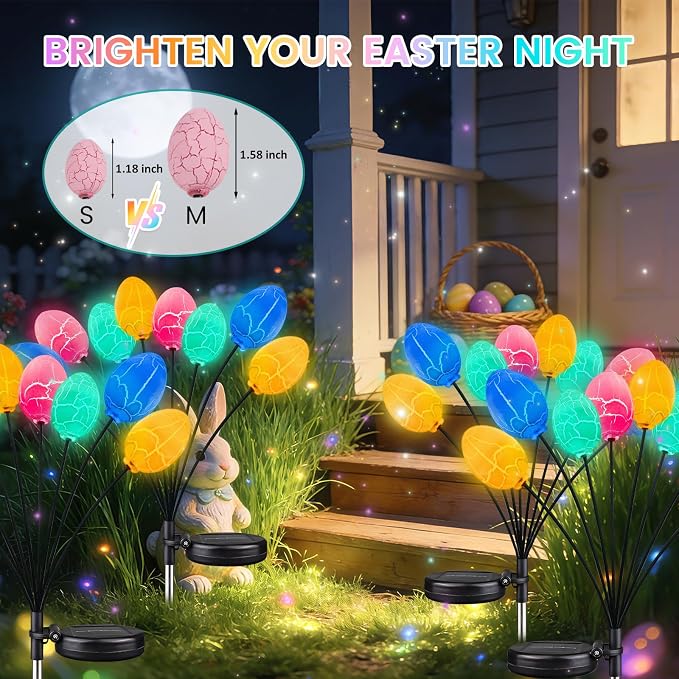 4 Pack 32 Led Solar Easter Egg Lights, Colorful Garden Swaying Firefly Lights Outdoor with 2 Lighting Modes, Waterproof Solar Stake Lights for landscaped Yards, Porches and Patio Easter Decorations