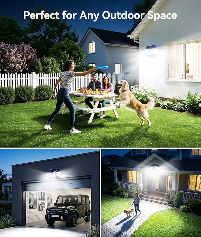 KOOPER Solar Flood Lights, 210 LED Motion Sensor Outdoor Lights, Solar Motion Lights Outdoor Waterproof, 3 Heads 300° Wide Angle Outdoor Security Lights for Yard Patio Garage Entryways, 4 Pack, White
