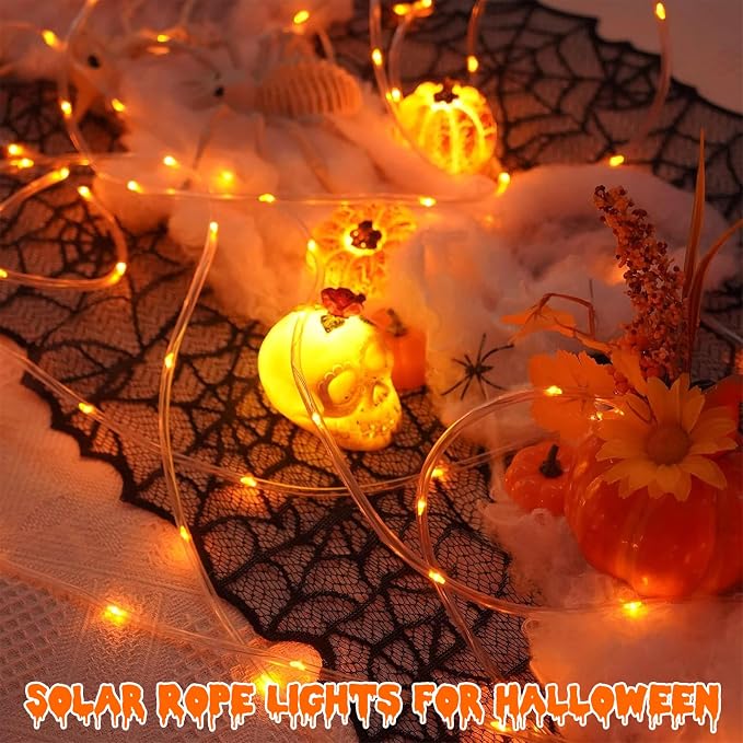 QITONG Orange Solar Halloween Lights, 66ft 200 LED Solar Rope Lights Outdoor, Fairy Lights in Clear Thin Tube with 8 Modes for Thanksgiving Fall Decor