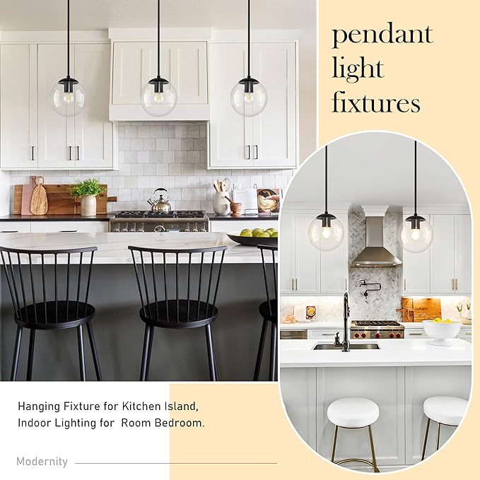8" Globe Pendant Light Black 2 Pack Mid Century Pendant Light Globe Pendant Lights Kitchen Island Matte Black Finished with Clear Glass Adjustable Ceiling Light Fixtures for Dining Room Bar