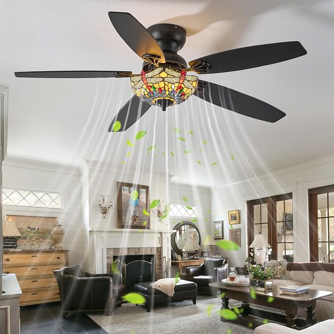 Tiffany Ceiling Fans with Lights-52"Ceiling Fan Chandelier and Glass Shade | 52" Ceiling Fan Chandelier with 5 Dual-Blades and Glass Shade, 6 Speeds and Reversible, Indoor and Outdoor, Retro Style
