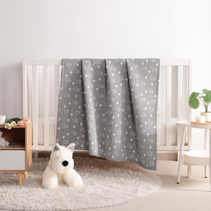 NTBAY 3 Layer Oversized Muslin Toddler Blanket, 45 x 60, Dark Grey Rabbit | Muslin Cotton Outer Layers with Light Thermal Fiber Fill, Reversible Blanket for Daycare, Travel, Naps, and Supervised Use