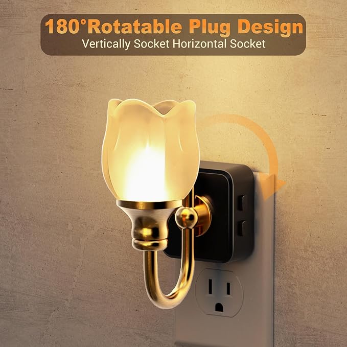 JandCase Night Light, Color Changing Night Lights Plug into Wall RGB | Glass Tulip LED Nightlight, Dimmable Flower Nightlights, Dusk to Dawn Sensor, 180° Rotating Vintage Nite Light for Bathroom