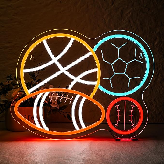 NOSUN 4 Ball Sport Combination Neon Sign for Boy's Bedroom Man Cave Football Soccer Basketball Baseball Neon Light Wall Decor Sports Themed LED Neon Signs Happy Era Home College Club Playroom Birthday Party Decor