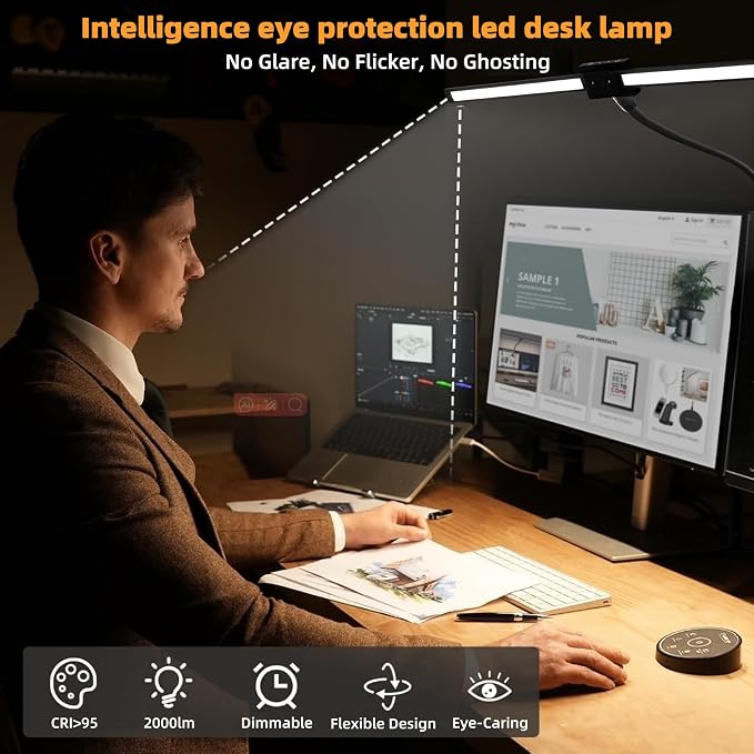 Led Desk Lamp with Clamp, Gooseneck Remote Control Desk Light with Eye Protection, 24W Ultra Bright Stepless Dimming and Tempering LED Desk Lamp for Home Office, Bedroom, Study