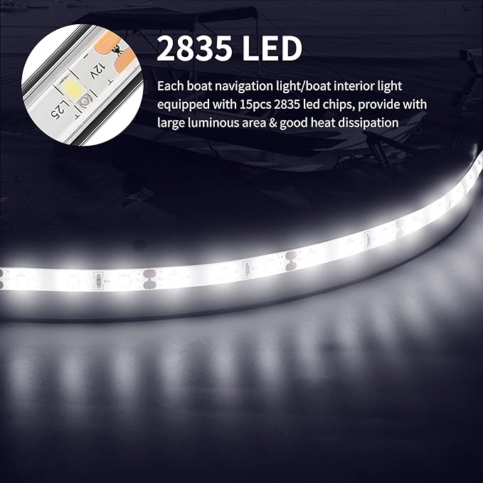 RVZONE LED Boat Interior Lights, Boat Led Strip Lights Marine Waterproof Marine Lighting Strip Night Fishing Lighting for Pontoon, Dinghy, Kayak, Yacht,4 Pcs, White