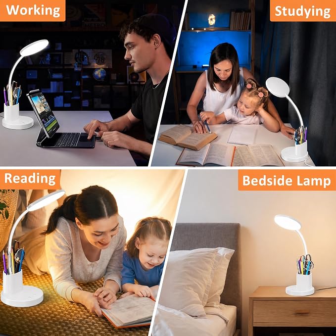 LED Desk Lamp for College Dorm with Pen Phone Holder, White | 3 Color Modes Dimmable Desk Light, College Dorm Essentials, 360° Adjustable Arm, Eye-caring Bedside Reading Lamp, 800 Lumen