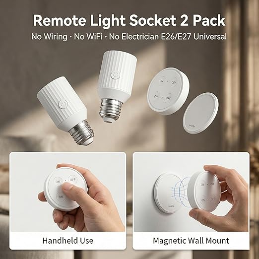 LoraTap Remote Control Light Socket, Wireless Light Switch for Pull Chain & Bare Fixtures, Wall Mount, 100ft Range for Closet, Basement & Garage, E26 E27 Adapter, No Wiring (1 Remote + 2 Sockets)