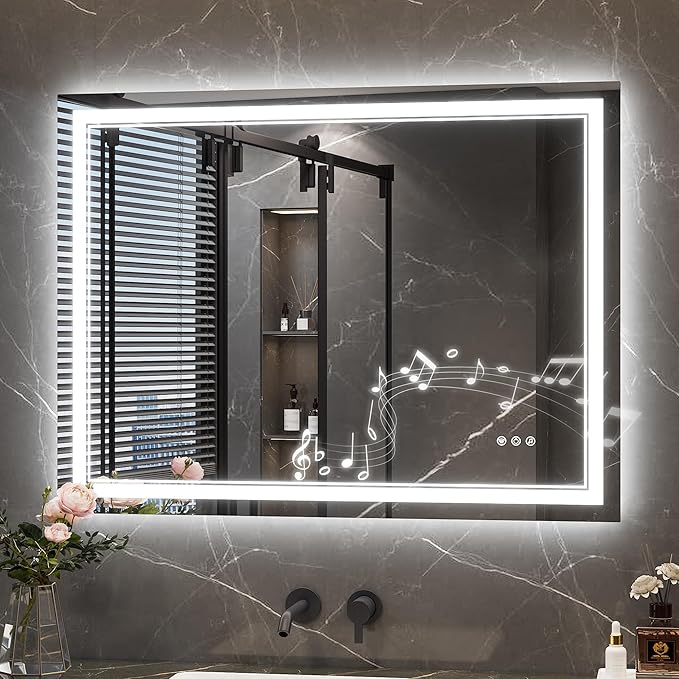 Keonjinn 40" x 30" Lighted Mirrors for Bathroom Wall with Bluetooth Speaker, Frontlit & Backlit LED Bathroom Mirror, Bluetooth Mirror Bathrooms, Tempered Glass, Defogging, 3 Color Lights, Dimmable