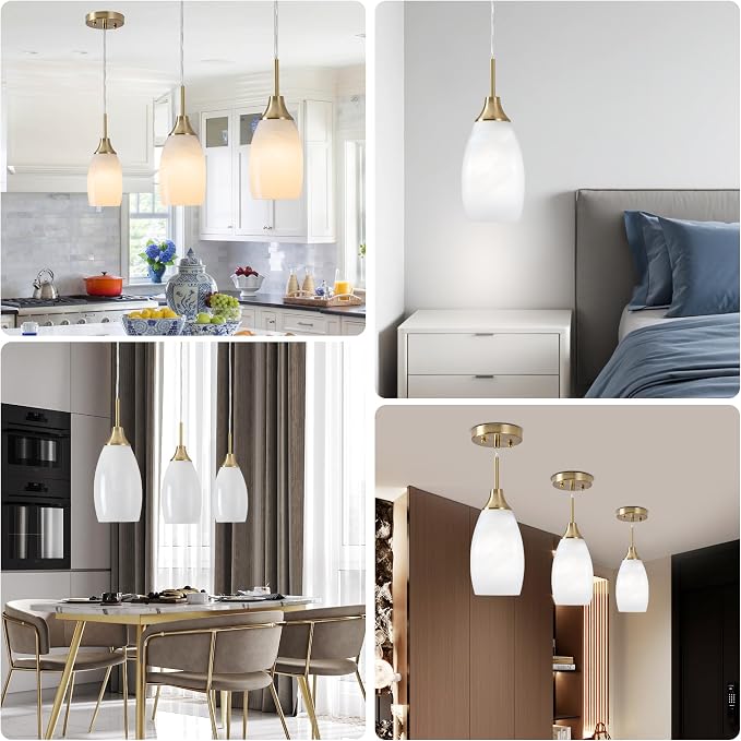 Viinew Mini Glass Pendant Light,4.72" White Glass Hanging Light | Handblown White Swirl Hanging Pendant Lamp 1-Pack Art Glass Chandelier for Kitchen Dining Room Brushed Gold