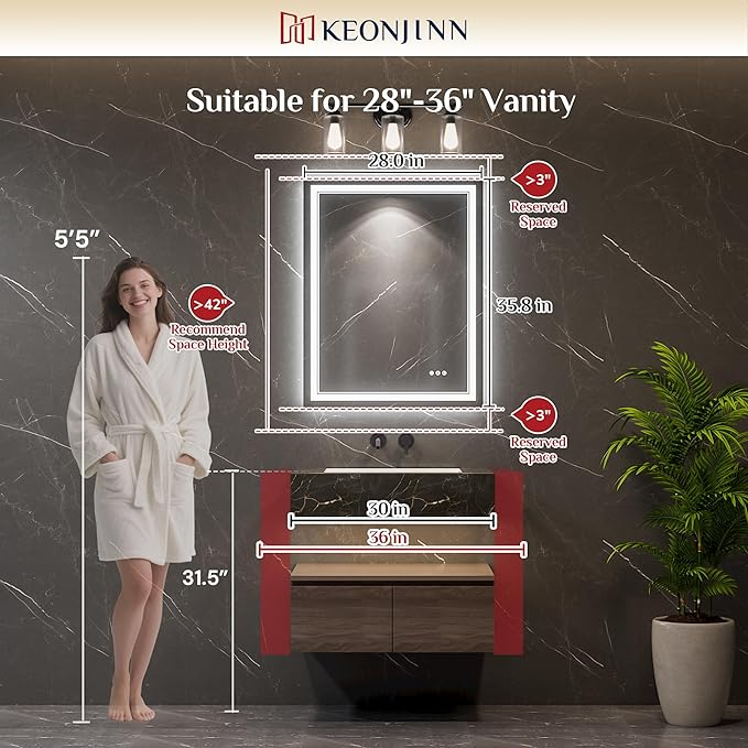 Keonjinn 28"x36" Lighted Mirrors for Bathroom Wall with Bluetooth Speaker, Frontlit & Backlit LED Bathroom Mirror, Bluetooth Mirror Bathrooms, Dimmable 3 Color Lights, Tempered Glass, Anti-Fog, CRI90+