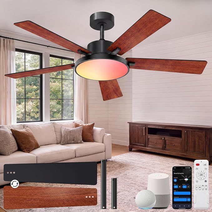 RGBCW Smart 52" 2600LM LED Ceiling Fan Light with Remote, Brown | Alexa/Google/App Control, Reversible DC Motor, 6 Speeds & 2 Fan Modes, Dimmable, Quiet Fan for Bedroom, Living & Gaming Room