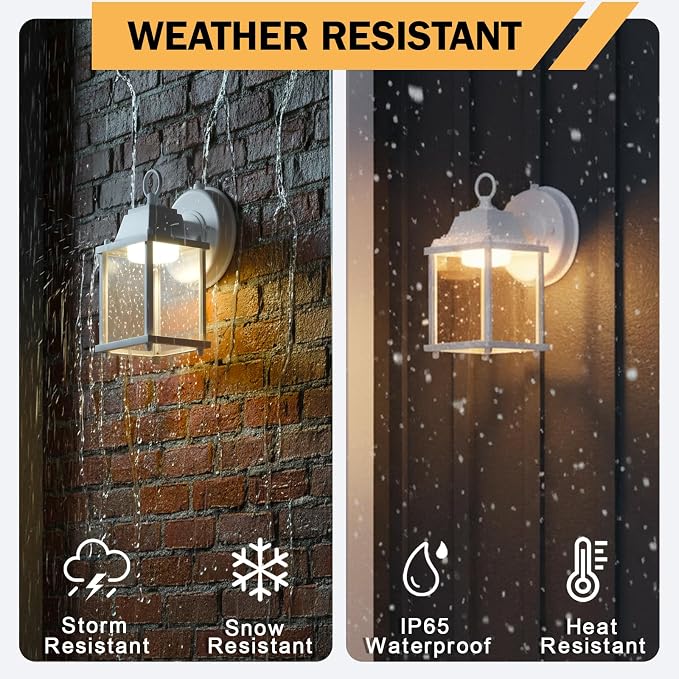 Outdoor Wall Light Fixture Dusk to Dawn, Rustproof Aluminum, LED | Exterior Porch Light Wall Sconce Lantern for House, Patio, Garage, Waterproof, Glass, 9.5W 800 Lumen, 3000K, White, 2 Pack
