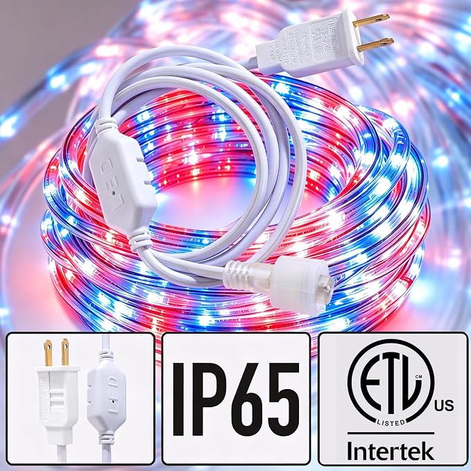 50ft Red/Blue/White Rope Lights,Connectable for Indoor & Outdoor,110V Flexible Tube Lights,Waterproof LED Rope Lighting for Outside,Deck,Patio,Pool, Camping,Bedroom Decor,Landscape Lighitng