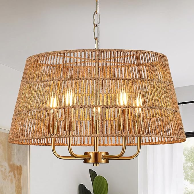 19.7" Boho Rattan Chandelier Vintage Farmhouse 5-Lights Hand-Woven Bamboo Golden Chandelier Light Fixture Retro Drum Wicker Gold Chandeliers for Dining Room, Kitchen, Living Room, Bedroom