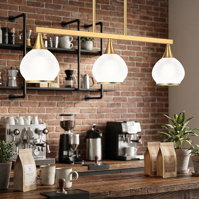 Kitchen Island Linear Pendant Light, 3-Light Gold Dining Room Chandelier with White Glass Globe Shades, Modern Linear Lighting Fixture Over Table