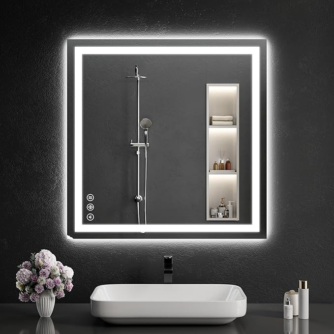30"x30" LED Bathroom Mirror with Lights, Dimmable，Anti-Fog，Bathroom Vanity Mirror for Wall, Backlit + Front Lit, Memory Function, Shatter-Proof，Tempered Glass