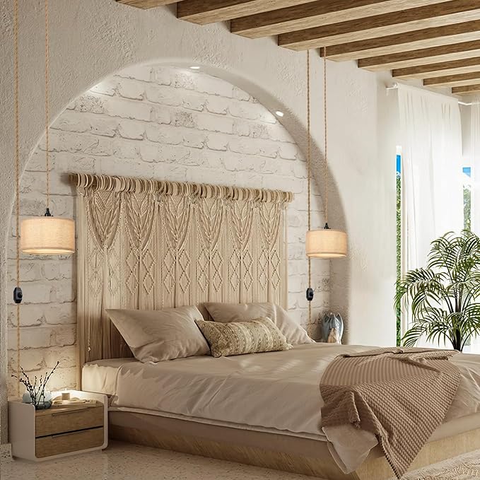 Plug in Pendant Lights Fabric Hanging Lamp Kit with Dimmable Switch 15 Ft Long Hemp Rope Farmhouse Pndant Light Cord Lighting Fixture DIY Hanging Light