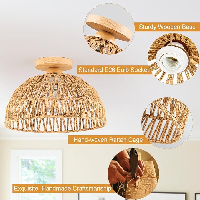 Boho Rattan Ceiling Light Fixtures Boho Lamp Shade Flush Mount Ceiling Light Hand-Woven Small Chandelier Wooden Base Chandelier Light for Hallway Bedroom Kitchen Nursery