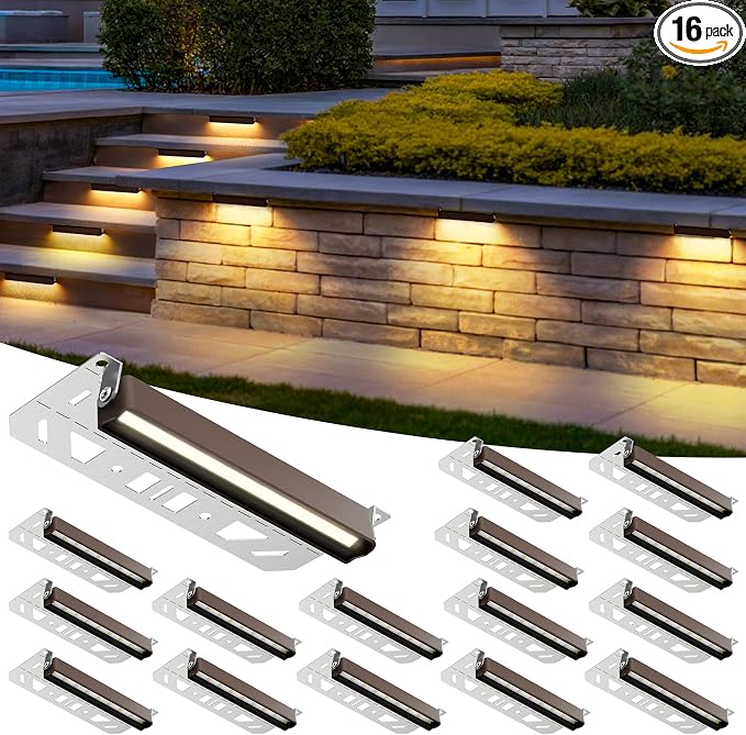 Retaining Wall Lights, Low Voltage Landscape Outdoor Step Lighting 16 Pack | 7 Inch LED Hardscape Lighting Waterproof, 12V Low Voltage Landscape Outdoor Lights for Patio Stairs Deck 2700K, 270° Rotate