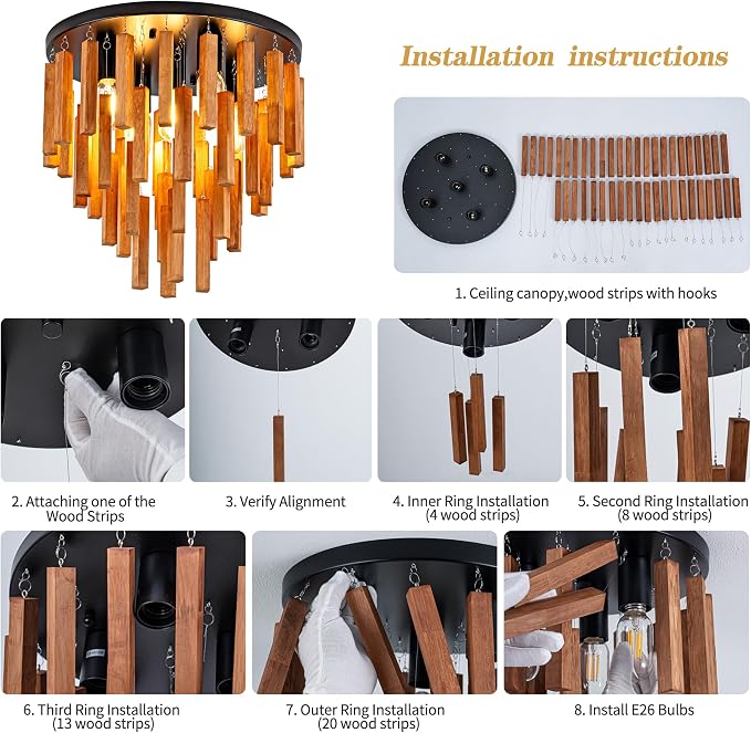 16.6" Farmhouse Ceiling Light, 5-Light Wood Chandelier, Rustic Light Fixture with Wood and Black Metal Finish, Farmhouse Semi Flush Chandelier for Bedroom, Hallway, Entryway, Kitchen