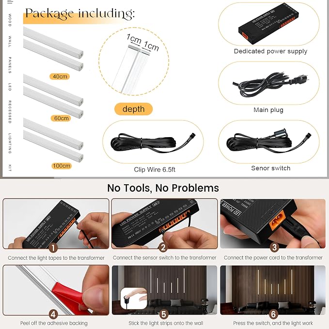 6-Lights LED Recessed Lighting Wall Panel Lights,Self-Adhesive Wood Slat Wall Panel Strip Light,4000K Touchable Switch Dimmable LED Aluminum Channel lamp,Under Cabinet Light(39in+31.5in+23.6in)