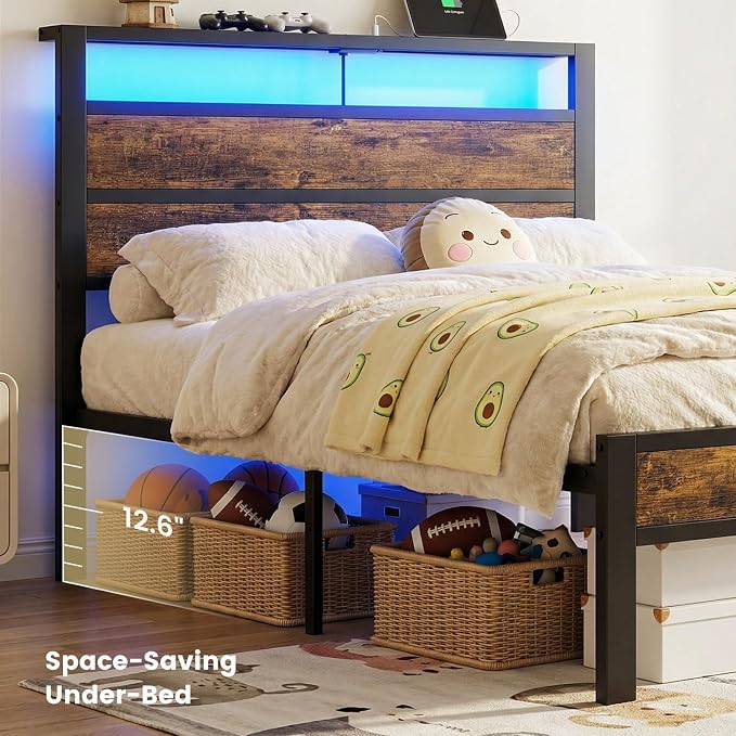Twin Bed Frame with LED Lights & USB Charging Station | Metal Platform Bed with Storage Headboard, Under Bed Space, Noise Free, No Box Spring Needed, Easy Assembly, Brown