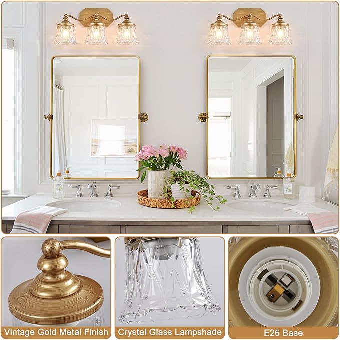 maesta Gold Bathroom Light Fixtures, 3 Light Bathroom Vanity Light, Matte Antique Gold Finish with Crystal Glass Shade, Gold Vintage Vanity Light for Bathroom, Living Room, Bedroom, Hallway