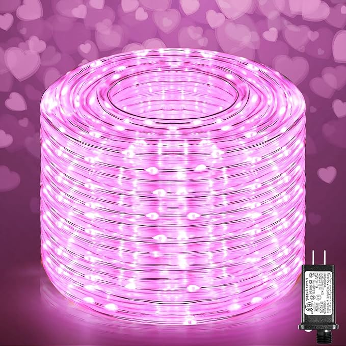 100FT 300 LED Rope Lights for Outside, Connectable Rope Lights Outdoor Waterproof with 8 Modes, Plug in Christmas String Lights for Deck, Garden, Backyard, Pool, Patio, Pool, Camping Decor - Pink