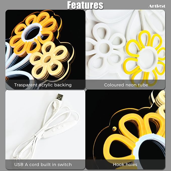 Daisy Flower Neon Sign, 13.39x13.23 inches, Cool White+Warm White+Yellow, Acrylic, Wall Mount, LED, Boho Flower, Decorative Signage for Home Decor, Gifting, Boho Vintage Decor