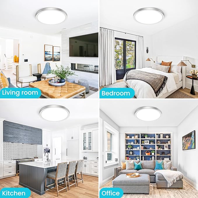 libtit 16 inch Flush Mount LED Ceiling Light Fixture, 3000K 4000K 6500K Adjustable, 36W 3600lm Brushed Nickel Satin Round Ceiling Lamp for Bathroom Shower Hallway Kitchen, 2 Pack