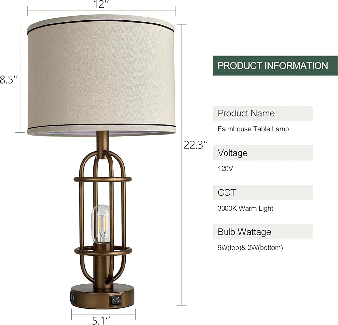Reaketon Table Lamps for Living Room Set of 2, 22.3" Farmhouse Lamps for Nightstand, Industrial Table Lamps for Bedroom with USB Ports