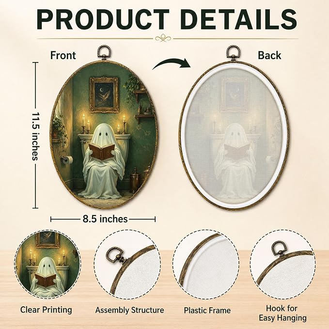 Reading Ghost Oval Wall Art, Framed Canvas Decor, 8.5x11.5 Inch | Reading ghost in vintage bathroom, candlelight, gothic cottagecore Halloween decor