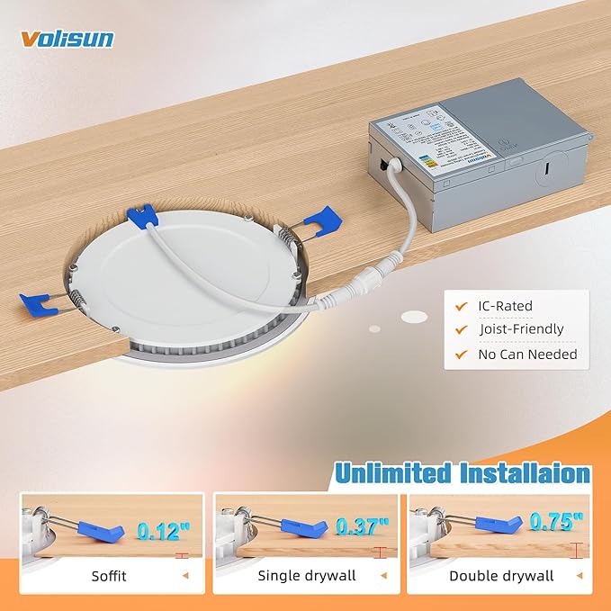 VOLISUN 12 Pack 4 inch Recessed Lighting, 5CCT LED Recessed Light with Junction Box, 2700K-5000K Selectable, 9.5W Eqv 80W, 810LM Dimmable Canless Wafer Downlight, LED Ceiling Light ETL Certificated