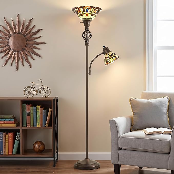 Tiffany Floor Lamp, Torchiere Floor Lamps with Stained Glass Shade, 70" Tall Standing Lamp with Adjustable Gooseneck Reading Lamp for Living Room Bedroom Office, Bulbs Included