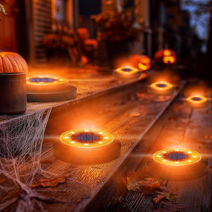 Flacchi Solar Lights Outdoor Waterproof，Orange 12 Pack 2-in-1 Ground Lights | Halloween Lights Outdoor Solar Disk Light Landscape Light for Deck Step Patio Yard Pathway Walkway Driveway Garden