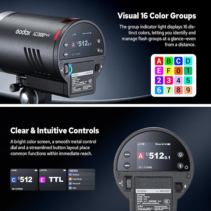 GODOX AD300Pro II AD300 Pro II Outdoor Flash Strobe, 2.4G 300Ws TTL HSS 1/8000s Portable Flash Monolight, 350 Full Power Flashes, 12W Bi-Color Modeling Lamp, 1/512-1/1 Power Adjust, HD Color Screen