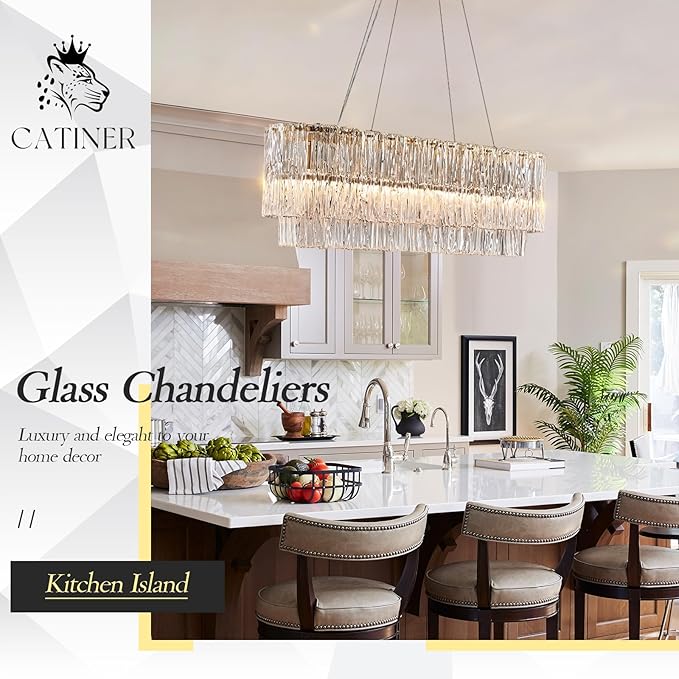 Gold Rectangle Chandeliers for Dining Room Modern Island Light Crystal Glass 6-Light Chandelier Rectangular Linear Pendant Hanging Ceiling Light Fixture for Kitchen L35.5”