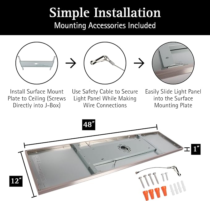 UltraLux 1x4 Surface Mount LED Panel TRIAC Dimmable 3CCT Brushed Nickel 1Pk | 3000 lumens, 120-degree beam, CRI>80, aluminum build, damp-rated, fits junction boxes, over 50,000 hours, 5-year warranty
